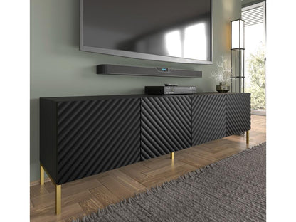 Meuble TV Décohaute 200 cm 4D fraisé noir mat pieds en métal doré QCGR31812
