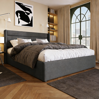 Lit Double Capitonné Coffre Hydraulique 140x200cm En Métal et Lin - Sommier À Chezlova En Bois - Gris PKVX29530