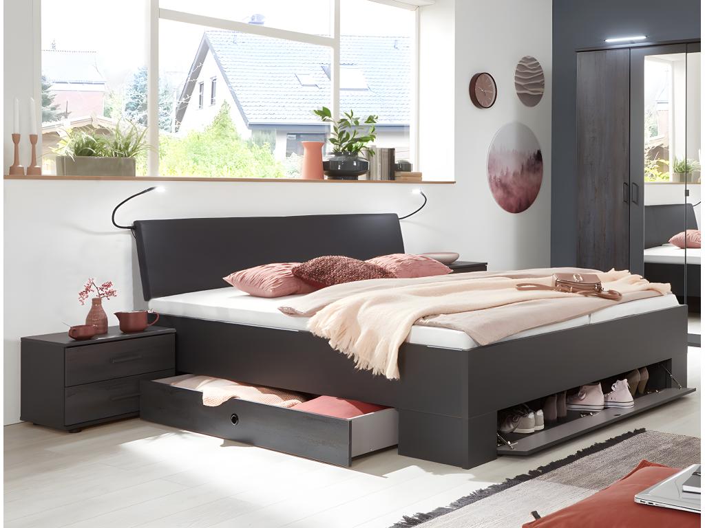 Lit adulte double 180x200 cm Chezlova Taille 2 chevets Couleuris gris foncé - L- 189 x P- 210 x H- 96 cm KXGO33027