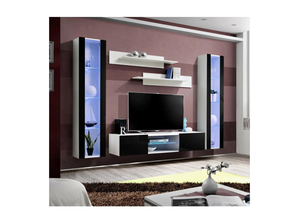 Ensemble Meuble TV FLY O2 avec LED- Couleuris blanc et noir- Meuble suspendu design pour votre salon. JLIF34774