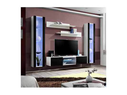 Ensemble Meuble TV FLY O2 avec LED- Couleuris blanc et noir- Meuble suspendu design pour votre salon. JLIF34774