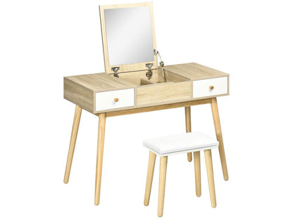 Coiffeuse avec tabouret style scandinave - 2 tiroirs compartiment porte miroir - panneaux aspect chêne clair blanc LAMX19968