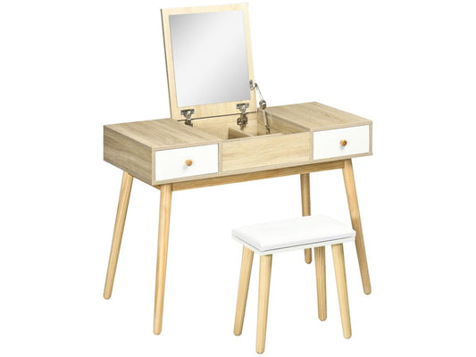 Coiffeuse avec tabouret style scandinave - 2 tiroirs compartiment porte miroir - panneaux aspect chêne clair blanc LAMX19968