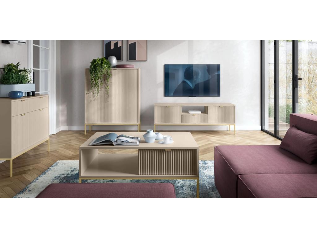 Meuble TV 1 tiroir - 154 cm - beige avec pieds dorés - Chezlova CQWG18859