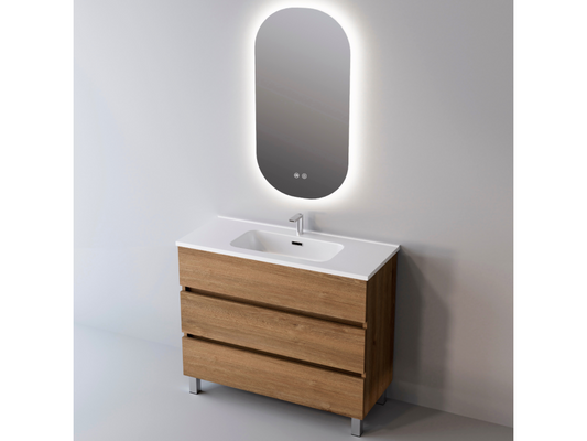 Meuble de salle de bain plan vasque Solide Surface 3 Tiroirs l60xh90xp45 Chêne Naturel Chezlova AOXV47923