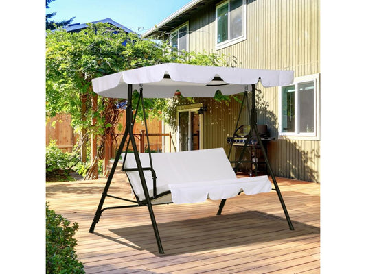 Balancelle de jardin 3 places toit inclinaison réglable coussins assise et dossier 1.72L x 1.1l x 1.52H m acier noir polyester blanc ICMN28156