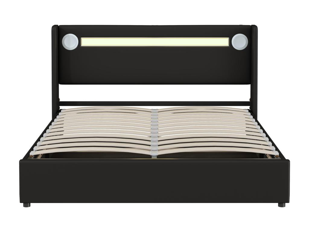 Lit coffre 160x200 cm avec tête de lit - Lecteur LED Bluetooth et Prise USB - cuir PU - Noir NGCQ48295