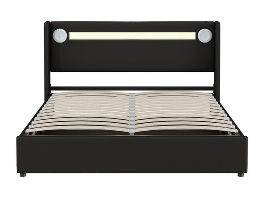 Lit coffre 160x200 cm avec tête de lit - Lecteur LED Bluetooth et Prise USB - cuir PU - Noir NGCQ48295