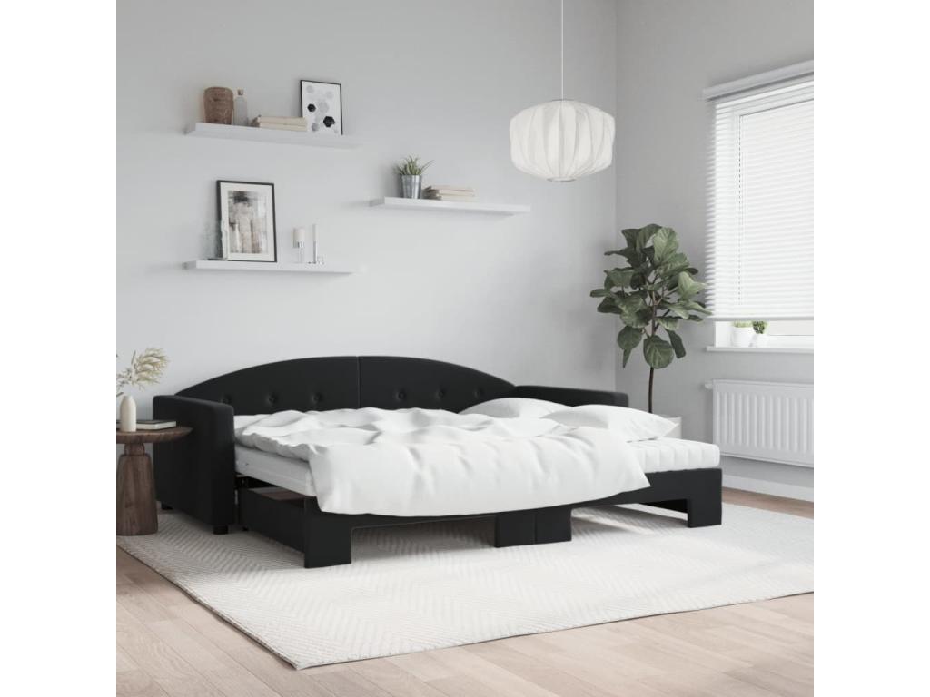 Lit de jour avec gigogne et matelas noir 90x200 cm velours QDTP50686