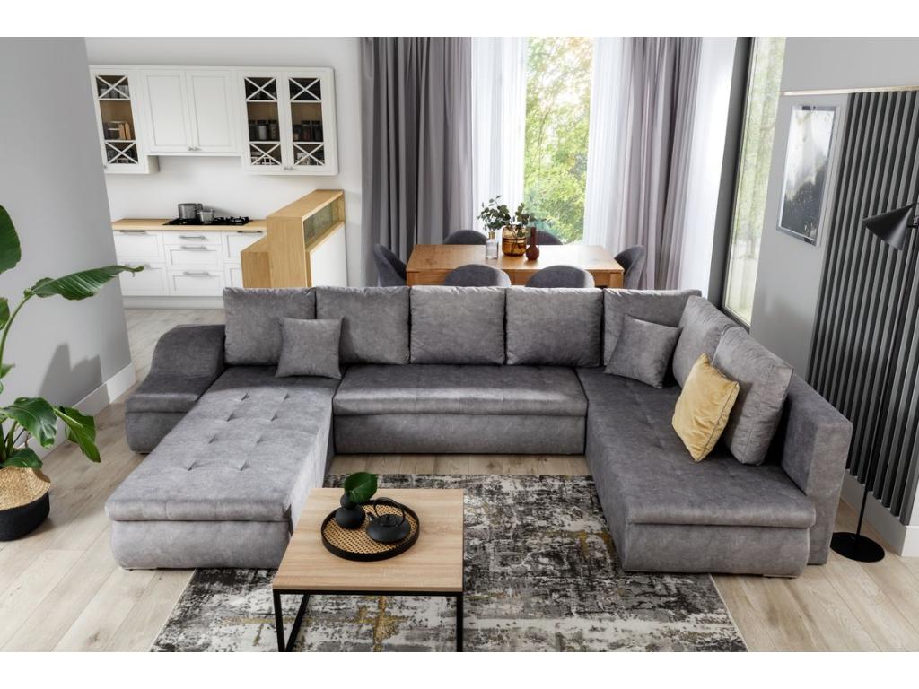 Canapé panoramique convertible tissu gris et simili cuir blanc Chezlova 340cm-Méridienne A gauche UOHQ63398