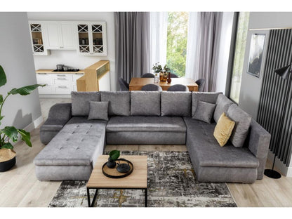 Canapé panoramique convertible tissu gris et simili cuir blanc Chezlova 340cm-Méridienne A gauche UOHQ63398