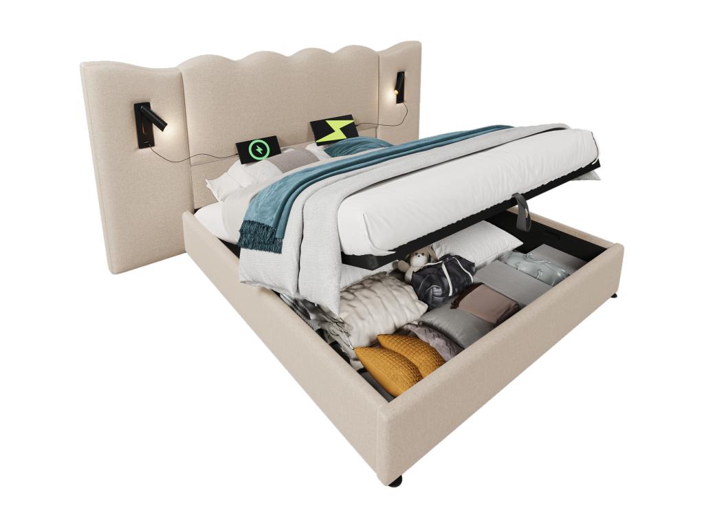 Lit de rangement 160x200cm en lin - avec liseuse et fonction chargement - avec sommier à Chezlova - Beige MXAY16370