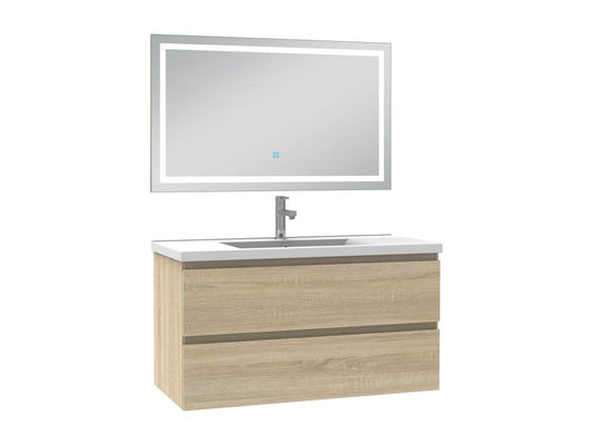 Ensemble meuble Salle de Bain 100cm Chêne Chezlova simple vasque et miroir lumineux 3 couleurs et dimmable NLEJ54886