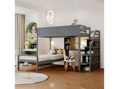 Lit superposé 90x200cm - lit enfant avec 2x sommier à Chezlova escalier avec rangement petie bureau - lit en pin Gris CDFA89072