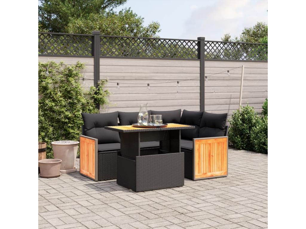 Salon de jardin 5 pcs avec coussins noir résine tressée YPWE20694