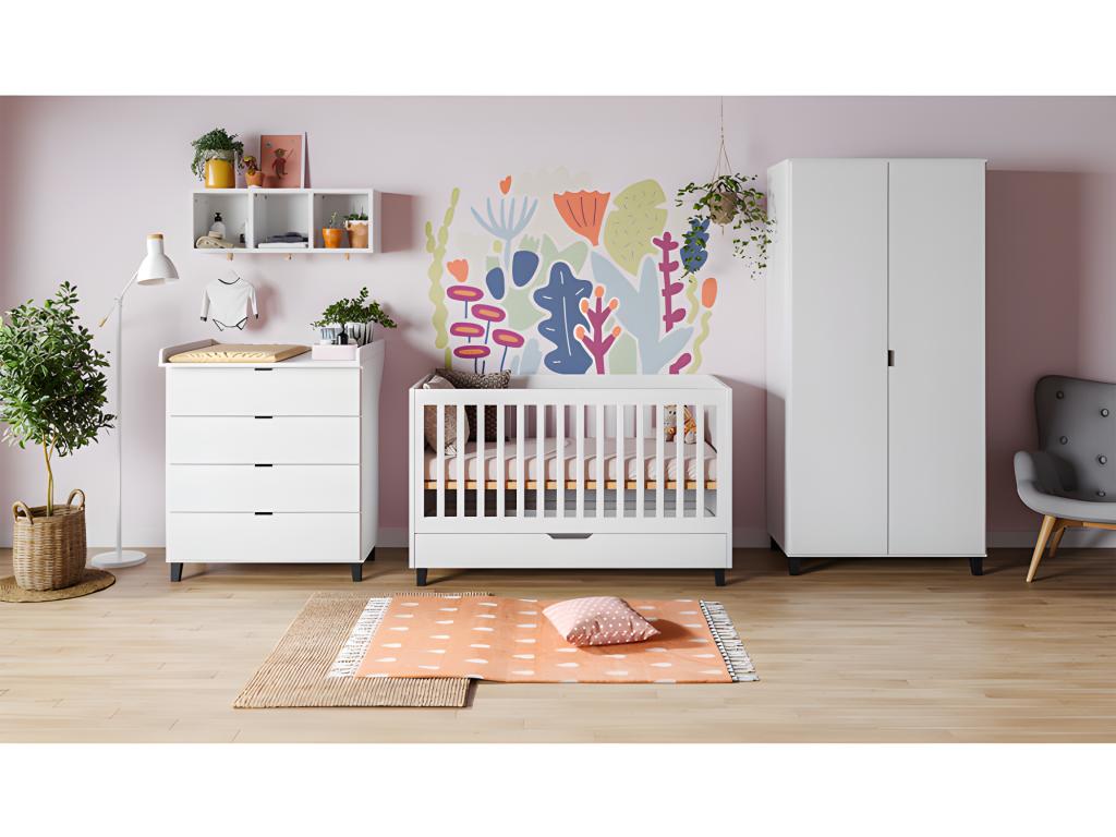 Chambre complète lit bébé évolutif - commode à langer - armoire Simple Blanc TKLK58295