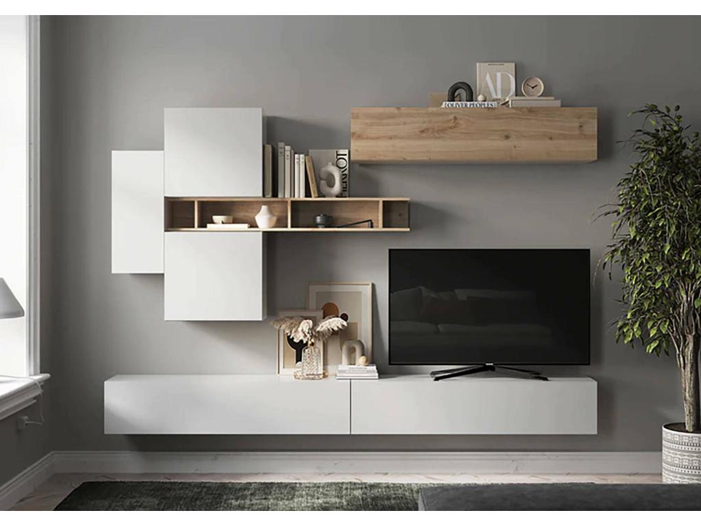 Meuble Mural Dcost Composition du salon Meubles de salon polyvalents Meuble télé Made in Italy 276x30 h210 cm Blanc brillant et Chêne clair XPDV02750