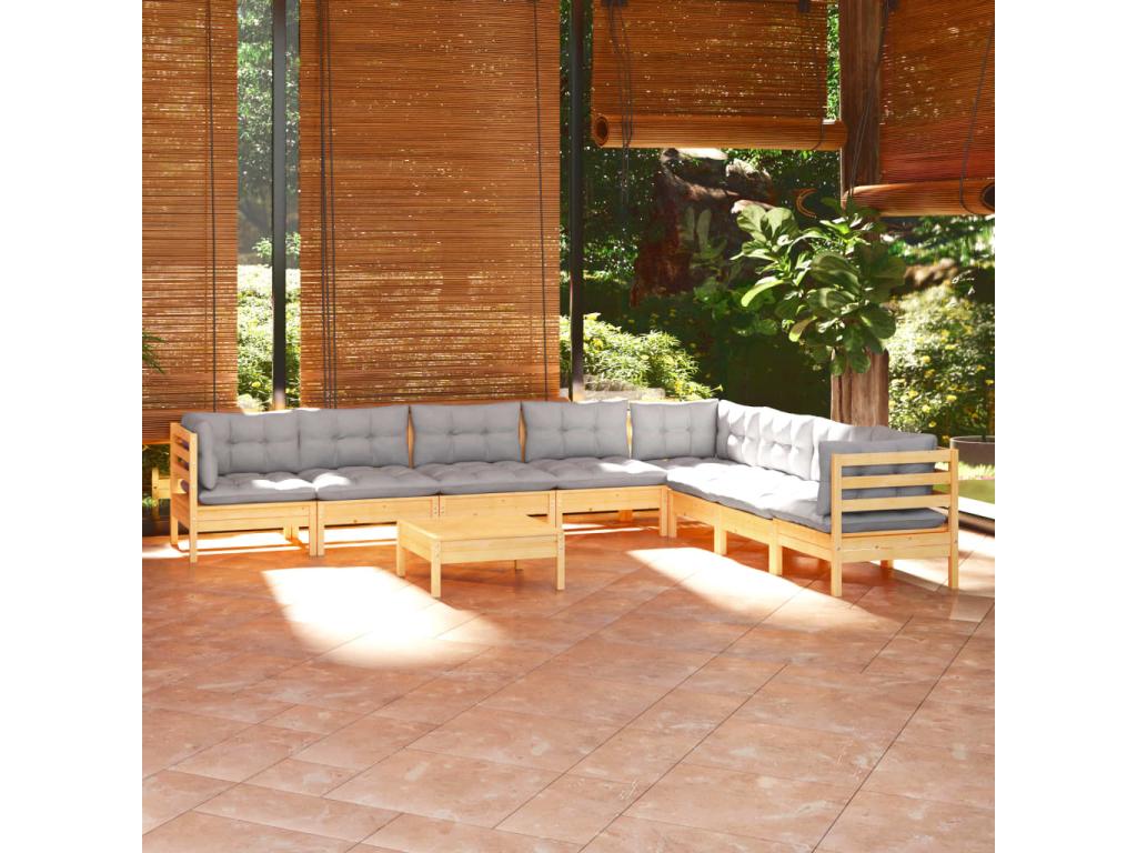 Salon de jardin 9 pièces avec coussins gris Bois de pin solide QBWC61218