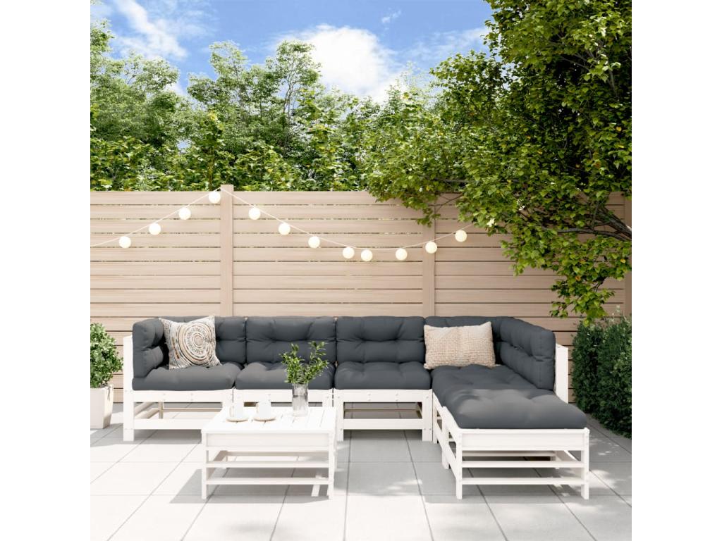 Salon de jardin 7 pcs avec coussins blanc bois massif TUSA52655