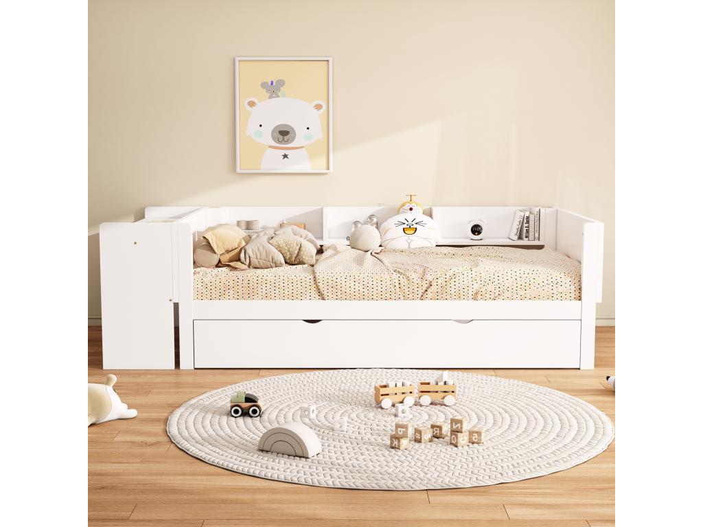 Lit gigogne 90x200 cm 90x180 cm avec bureau et 3 étagères - bois massif de pin - sommier à Chezlova - blanc ETXJ25159