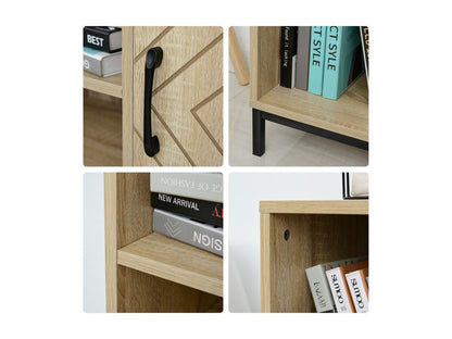 Biblliothèque 2 étagères 3 niches 2 placards tiroir panneaux particules MDF chêne clair motif graphique métal noir LSFF91713