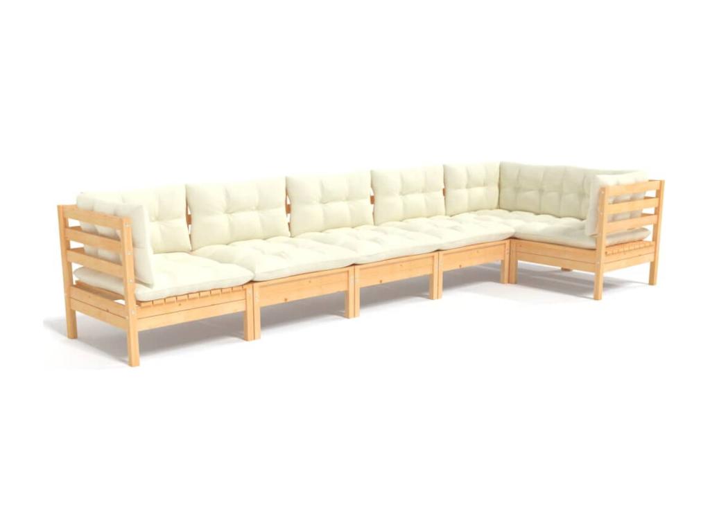 Salon de jardin 6 pcs avec coussins crème bois de pin RZQK26471