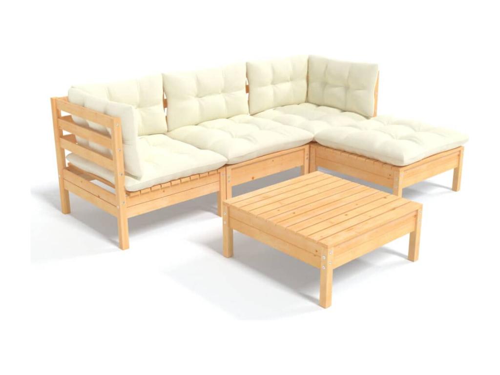 Salon de jardin 5 pcs avec coussins crème bois de pin ZSMY00895
