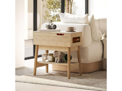 Table d'appoint bout de canapé style campagne Decohaute - coffre étagère - aspect chêne clair rotin IWAB44477