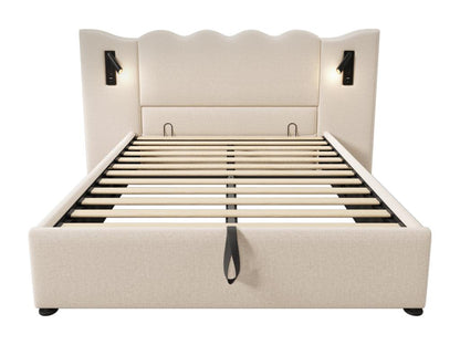 Lit de rangement 160x200cm en lin - avec liseuse et fonction chargement - avec sommier à Chezlova - Beige MXAY16370